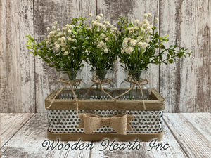 Centerpiece for Table *Farmhouse Tray with BURLAP BOW 3 glass bottle jars (Optional Greenery) - Wooden Hearts Inc