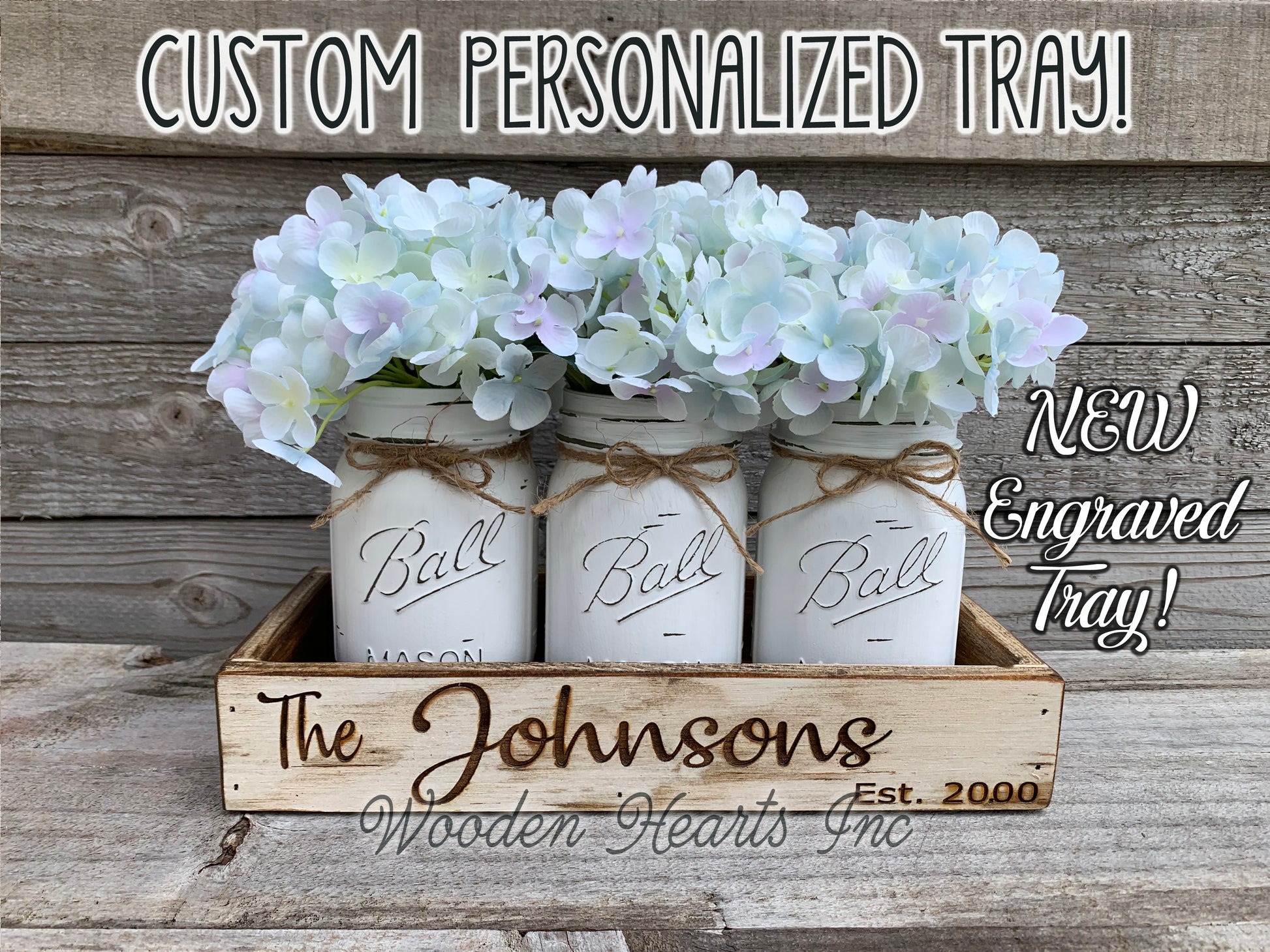 PERSONALIZED Tray ENGRAVED CUSTOM Centerpiece Kitchen Mason Jars wedding gift Name Est Date - Wooden Hearts Inc