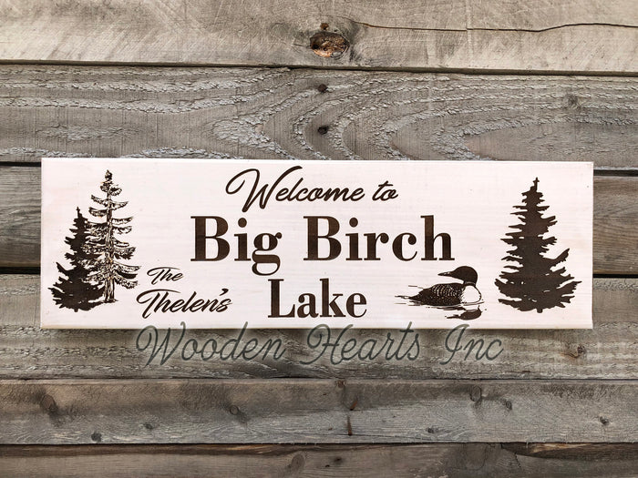 Welcome to LAKE Engraved Family PERSONALIZED Sign Last Name Wedding Gift Cabin Loon Wood