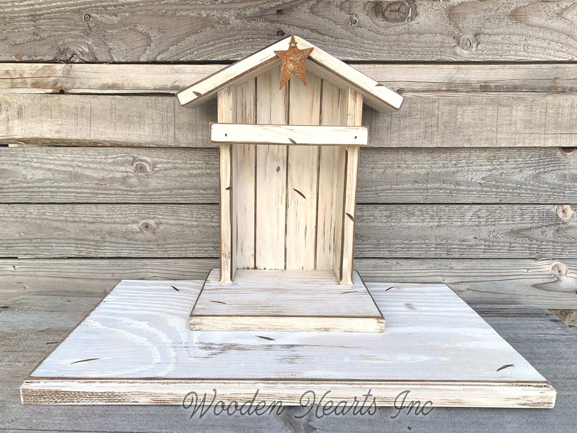 STABLE WOODEN Creche *Nativity Christmas Decor  ***ANTIQUE WHITE*** - Wooden Hearts Inc