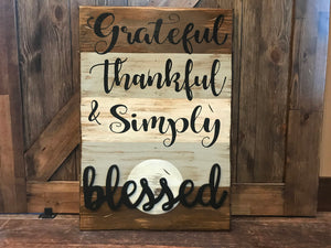 Grateful Thankful & Simply Blessed SIGN Wood Wall Decor, Living Room 16X24 - Wooden Hearts Inc