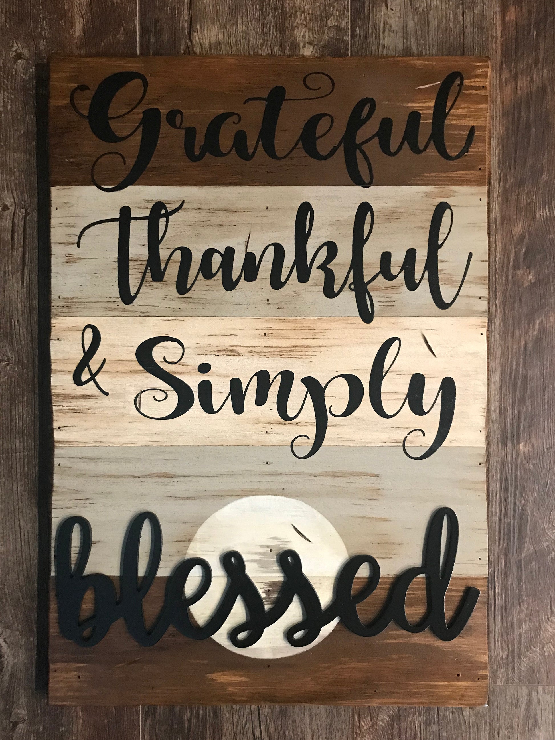 Grateful Thankful & Simply Blessed SIGN Wood Wall Decor, Living Room 16X24 - Wooden Hearts Inc