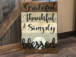 Grateful Thankful & Simply Blessed SIGN Wood Wall Decor, Living Room 16X24 - Wooden Hearts Inc