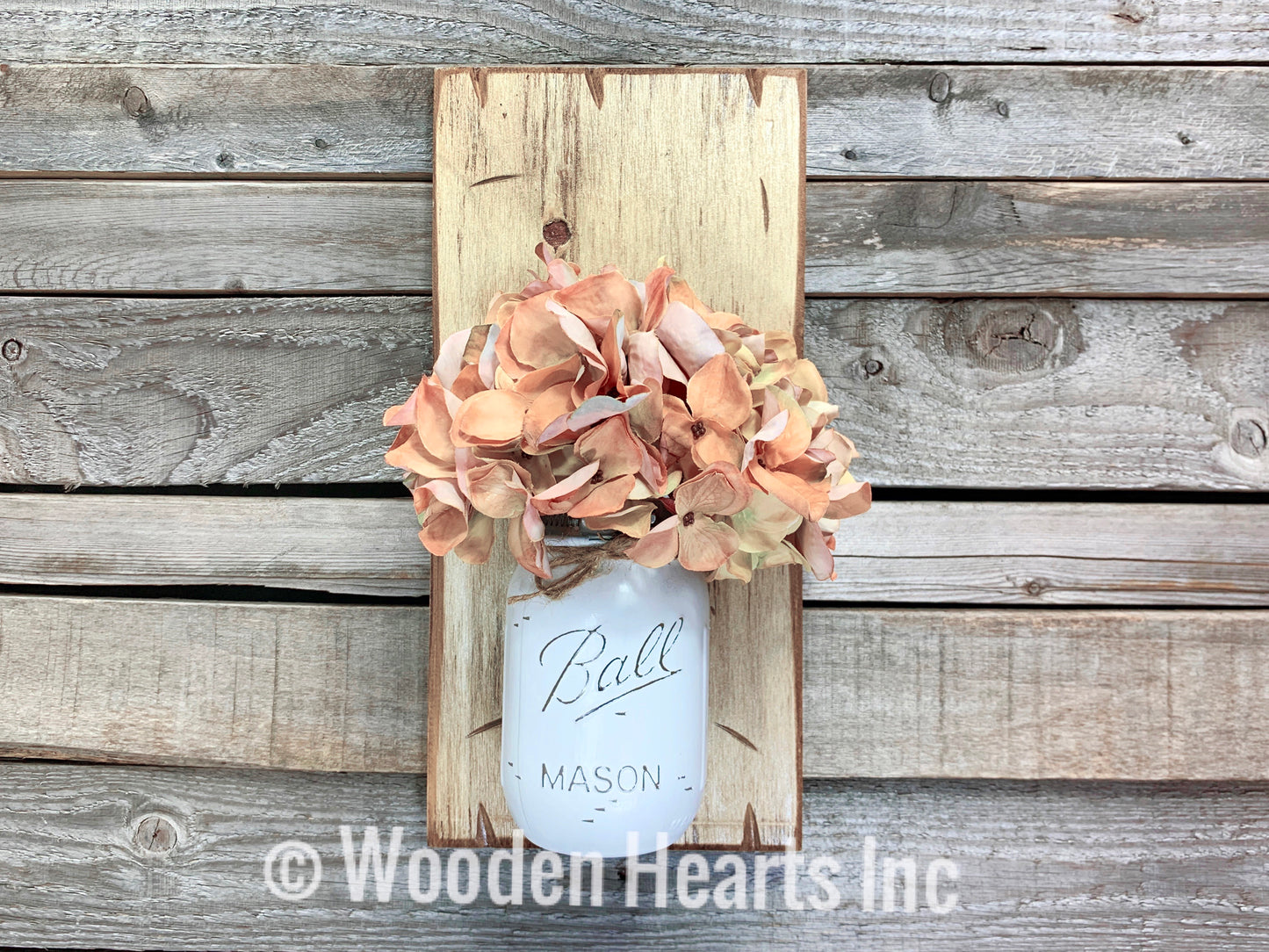 Mason JAR Wall SCONCE with Flower (optional) - Distressed Wood with painted Ball Pint Jar - Wooden Hearts Inc