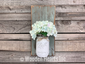 Mason JAR Wall SCONCE with Flower (optional) - Distressed Wood with painted Ball Pint Jar - Wooden Hearts Inc