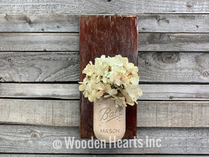 Mason JAR Wall SCONCE with Flower (optional) - Distressed Wood with painted Ball Pint Jar - Wooden Hearts Inc