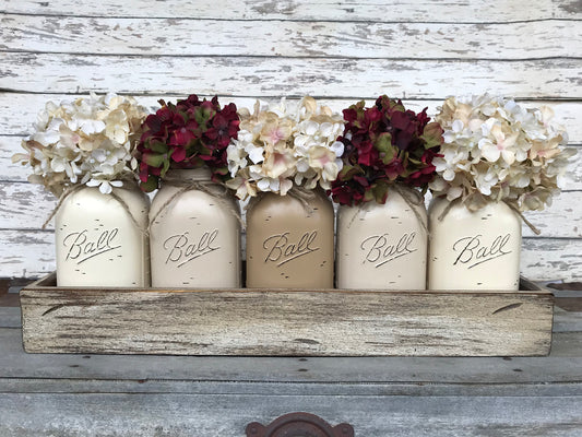 MASON Jar Centerpiece Wood TRAY + 5 Mason QUART Jars (Flowers optional) Table Decor - Wooden Hearts Inc
