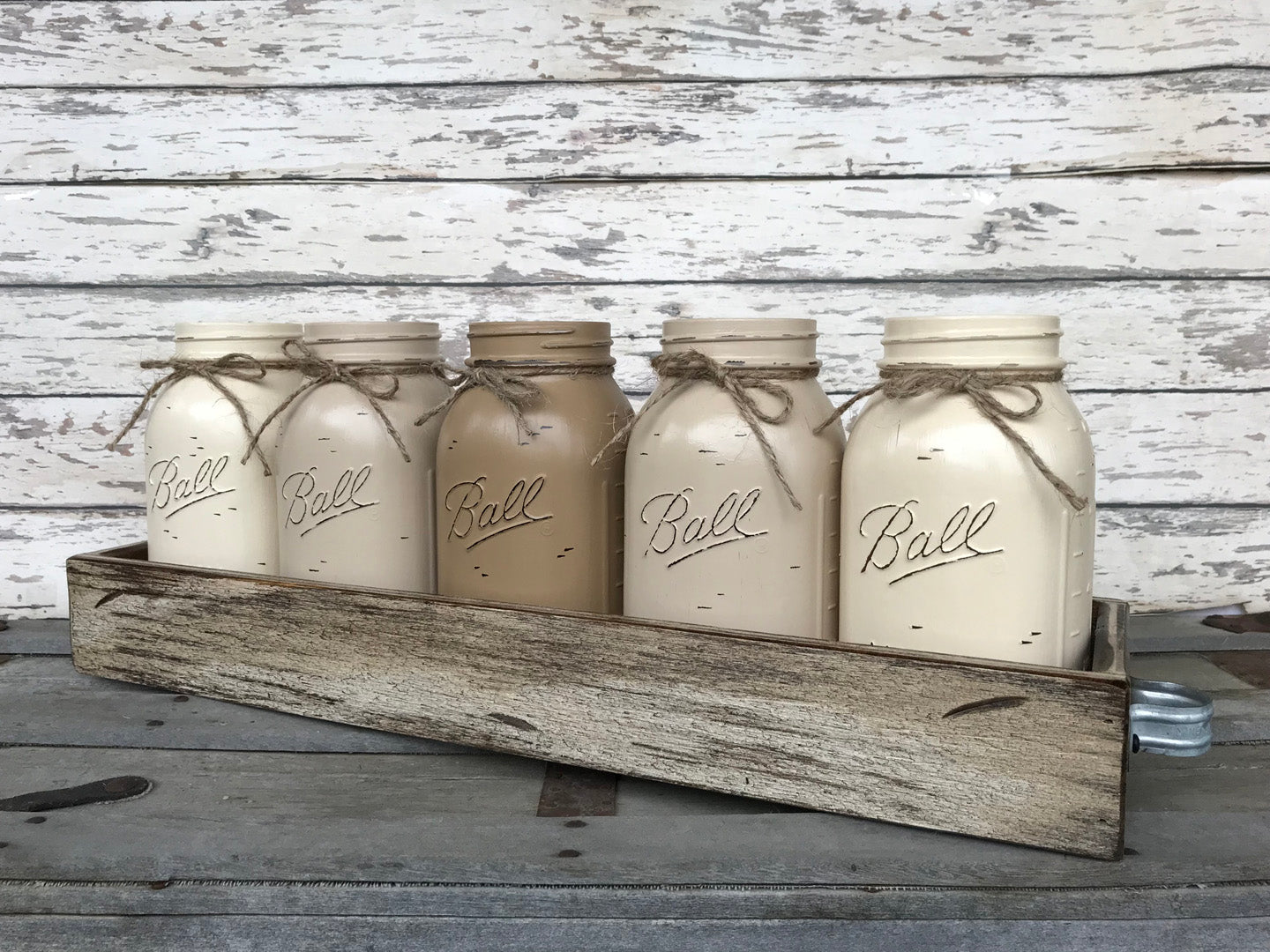 Mason Jar Centerpiece Wood TRAY + 5 Mason QUART Jars (Flowers optional) Table Decor - Wooden Hearts Inc