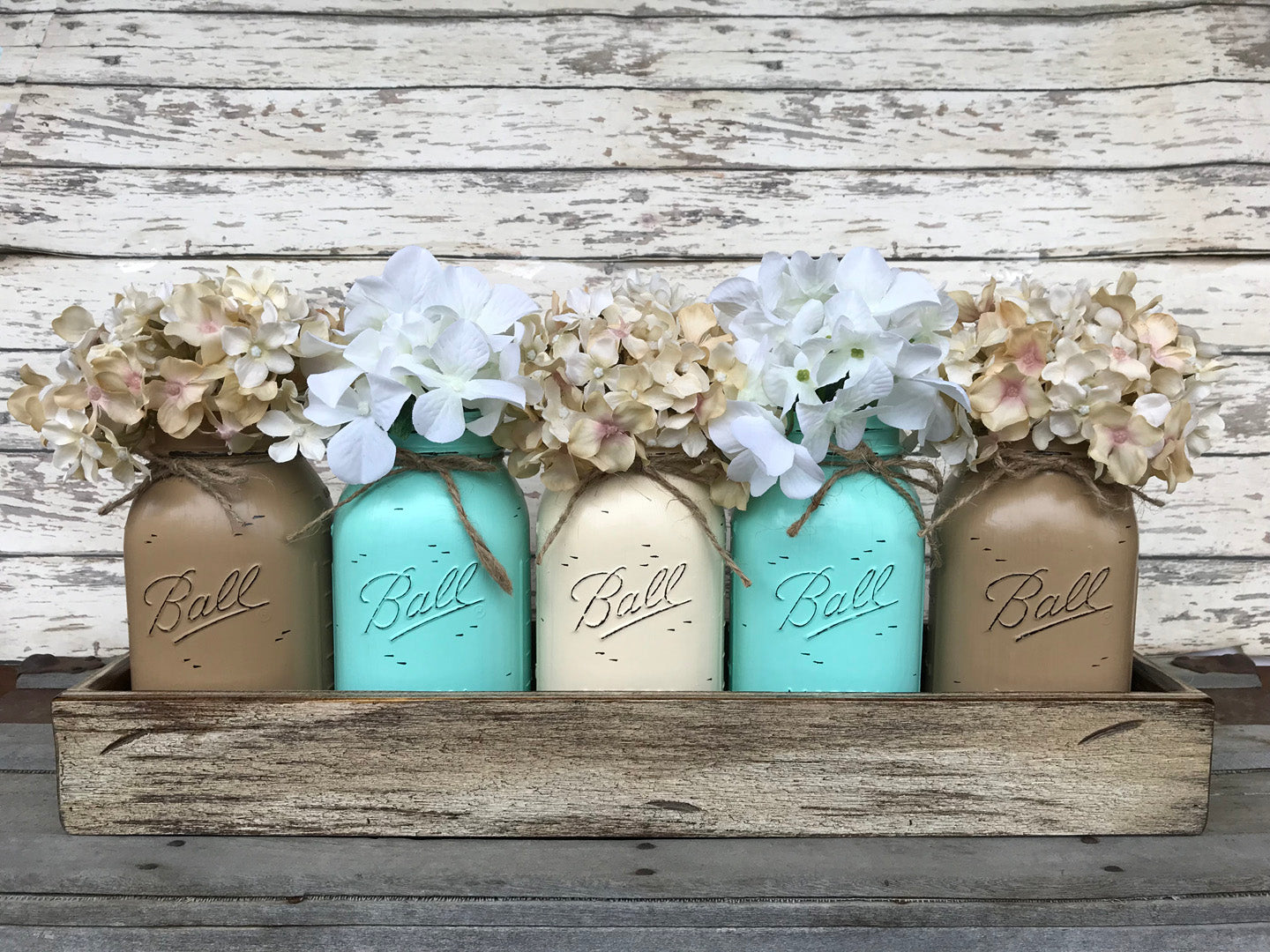 Mason Jar Centerpiece Wood TRAY + 5 Mason QUART Jars (Flowers optional) Table Decor - Wooden Hearts Inc