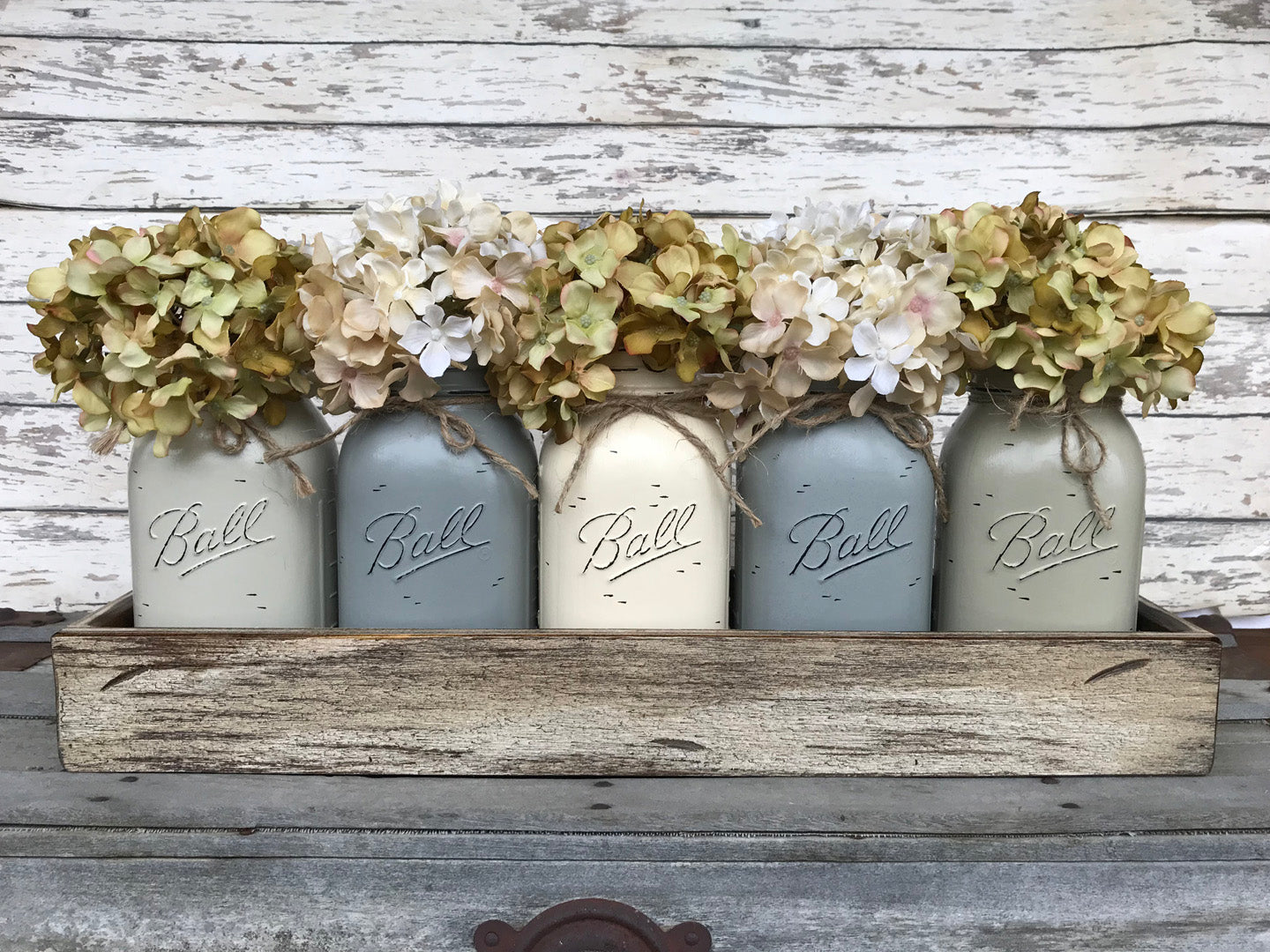 Mason Jar Centerpiece Wood TRAY + 5 Mason QUART Jars (Flowers optional) Table Decor - Wooden Hearts Inc