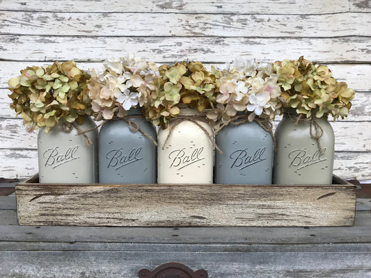 Mason Jar Centerpiece Wood TRAY + 5 Mason QUART Jars (Flowers optional) Table Decor - Wooden Hearts Inc