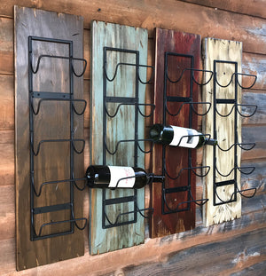 WINE RACK Wall Wood 5 Bottle Holder with Metal Distressed Bar Bath Towels Rustic Red White Brown - Wooden Hearts Inc