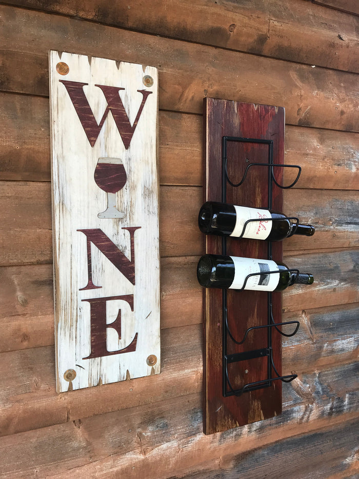 WINE Sign Vertical, Winery Home Decor, Rustic Distressed Wood *ANTIQUE WHITE, RED Letters