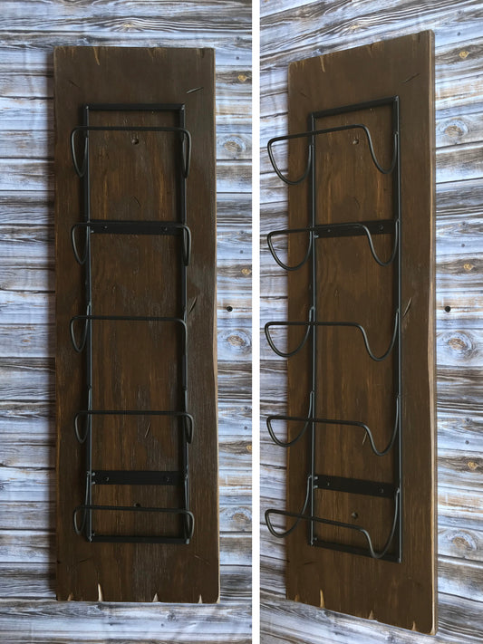 WINE RACK Wall Wood 5 Bottle Holder with Metal Distressed Bar Bath Towels Rustic Red White Brown - Wooden Hearts Inc