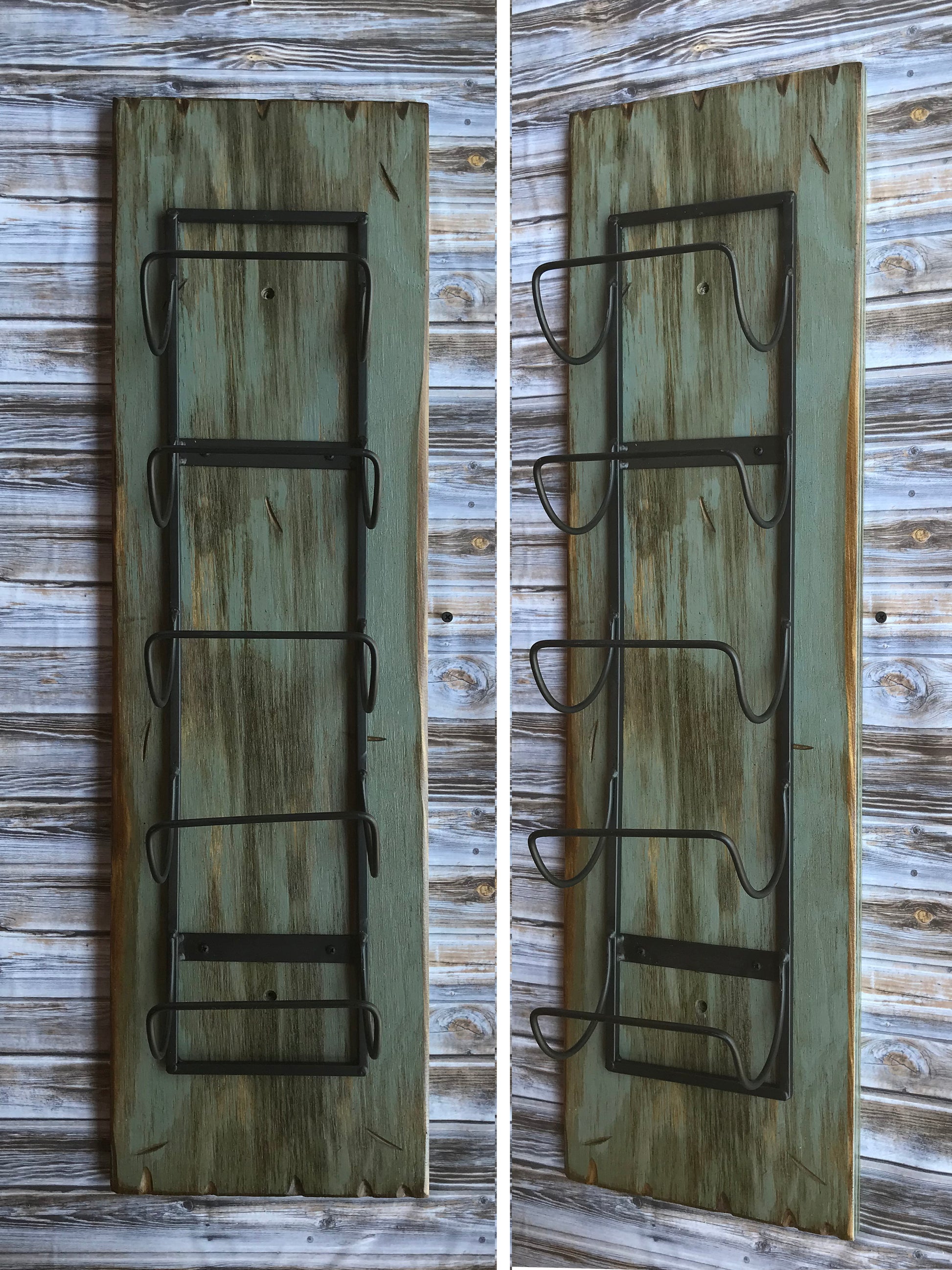 WINE RACK Wall Wood 5 Bottle Holder with Metal Distressed Bar Bath Towels Rustic Red White Brown - Wooden Hearts Inc