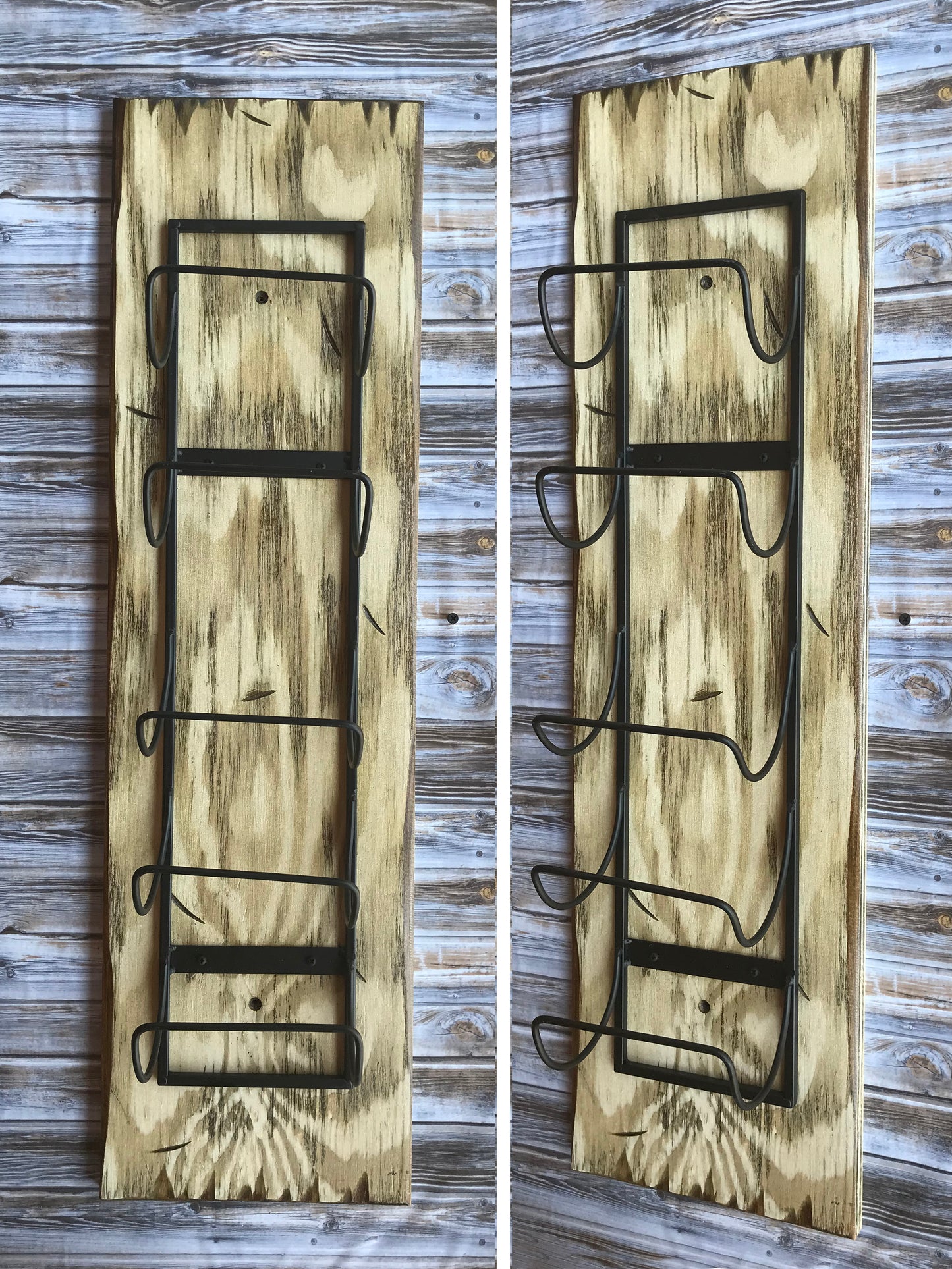 WINE RACK Wall Wood 5 Bottle Holder with Metal Distressed Bar Bath Towels Rustic Red White Brown - Wooden Hearts Inc
