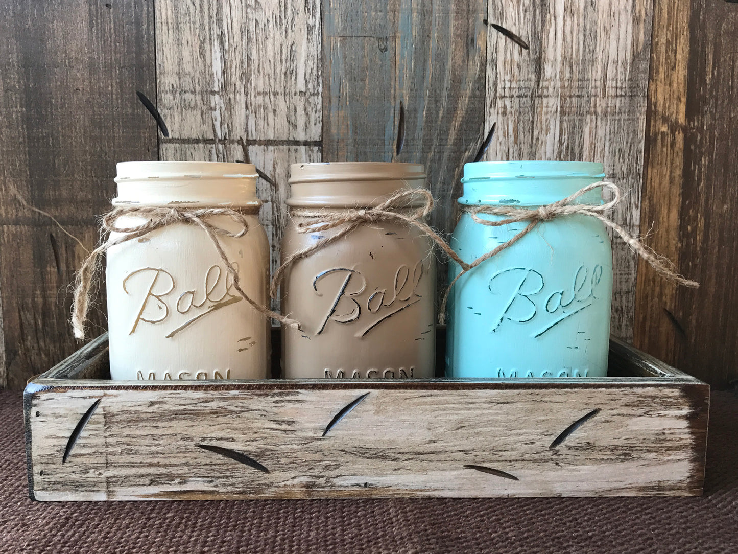 MASON Jar Decor Table Centerpiece Wood TRAY + 3 Ball Pint Jars Distressed (Flowers optional) - Wooden Hearts Inc