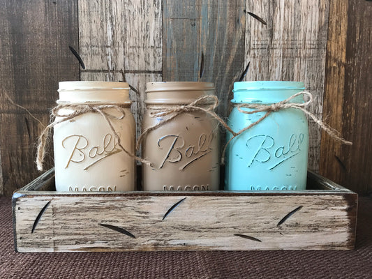 MASON Jar Decor Table Centerpiece Wood TRAY + 3 Ball Pint Jars Distressed (Flowers optional) - Wooden Hearts Inc