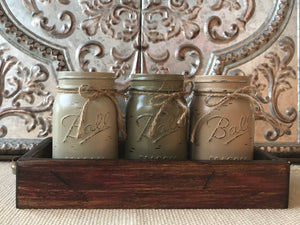 MASON Jar Decor Table Centerpiece Wood TRAY + 3 Ball Pint Jars Distressed (Flowers optional) - Wooden Hearts Inc