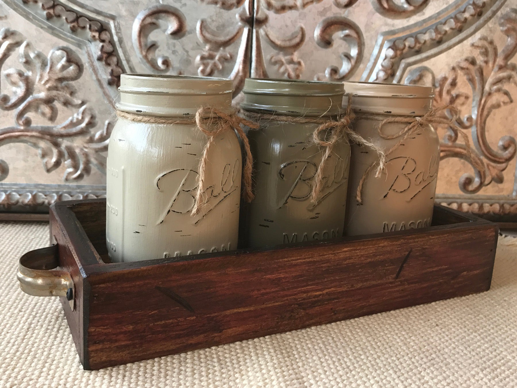 MASON Jar Decor Table Centerpiece Wood TRAY + 3 Ball Pint Jars Distressed (Flowers optional) - Wooden Hearts Inc