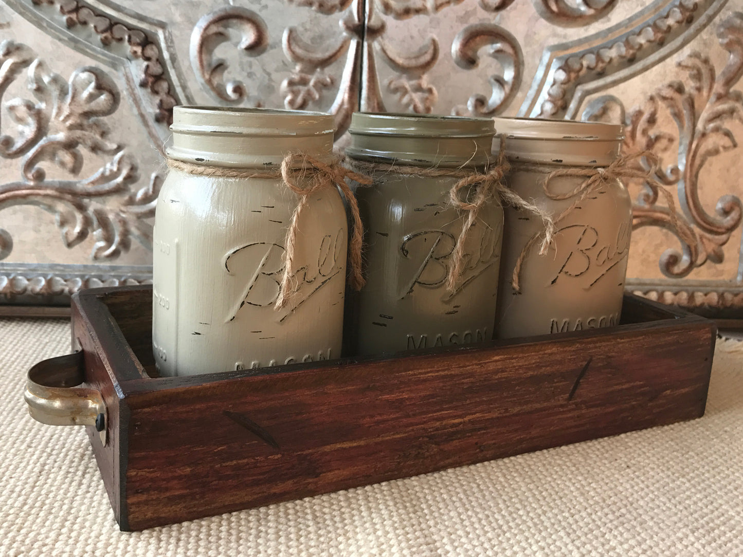 MASON Jar Decor Table Centerpiece Wood TRAY + 3 Ball Pint Jars Distressed (Flowers optional) - Wooden Hearts Inc