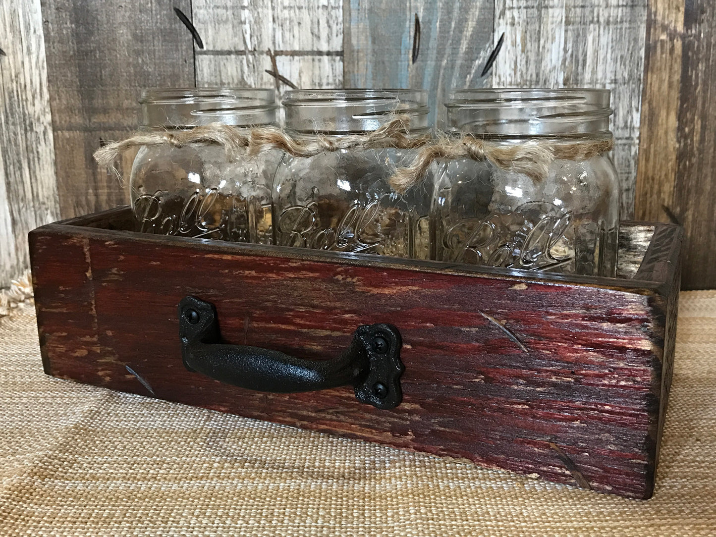 MASON Jar Centerpiece DRAWER Rustic Distressed Wood with 3 Pint Ball Jars Red Blue Gray Cream - Wooden Hearts Inc