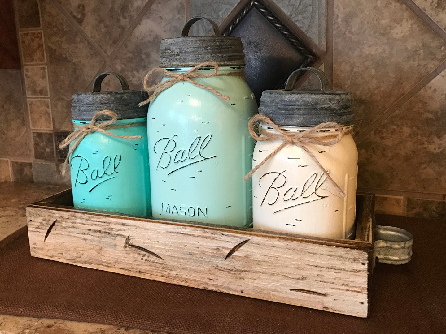 MASON Jar Kitchen CANISTER SET w/ metal lids, Utensil Holder, 2 Pint Jars +1 Quart +Optional Flower - Wooden Hearts Inc