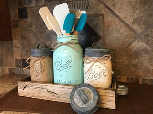 MASON Jar Kitchen CANISTER SET w/ metal lids, Utensil Holder, 2 Pint Jars +1 Quart +Optional Flower - Wooden Hearts Inc