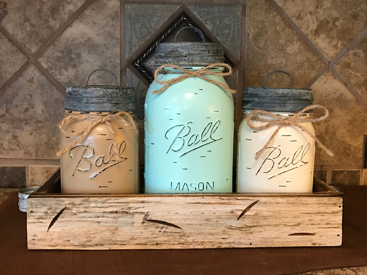 MASON Jar Kitchen CANISTER SET w/ metal lids, Utensil Holder, 2 Pint Jars +1 Quart +Optional Flower - Wooden Hearts Inc