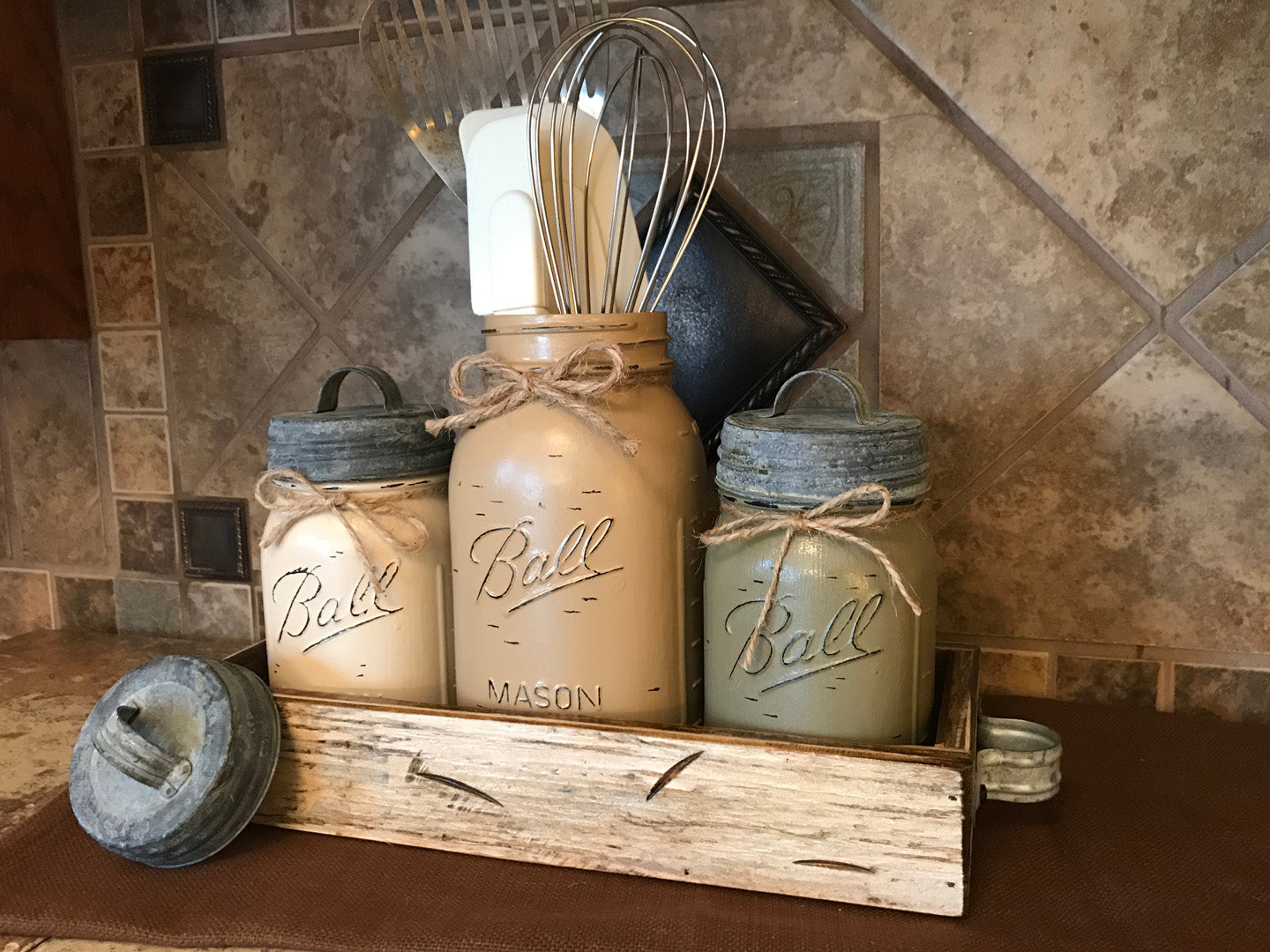MASON Jar Kitchen CANISTER SET w/ metal lids, Utensil Holder, 2 Pint Jars +1 Quart +Optional Flower - Wooden Hearts Inc