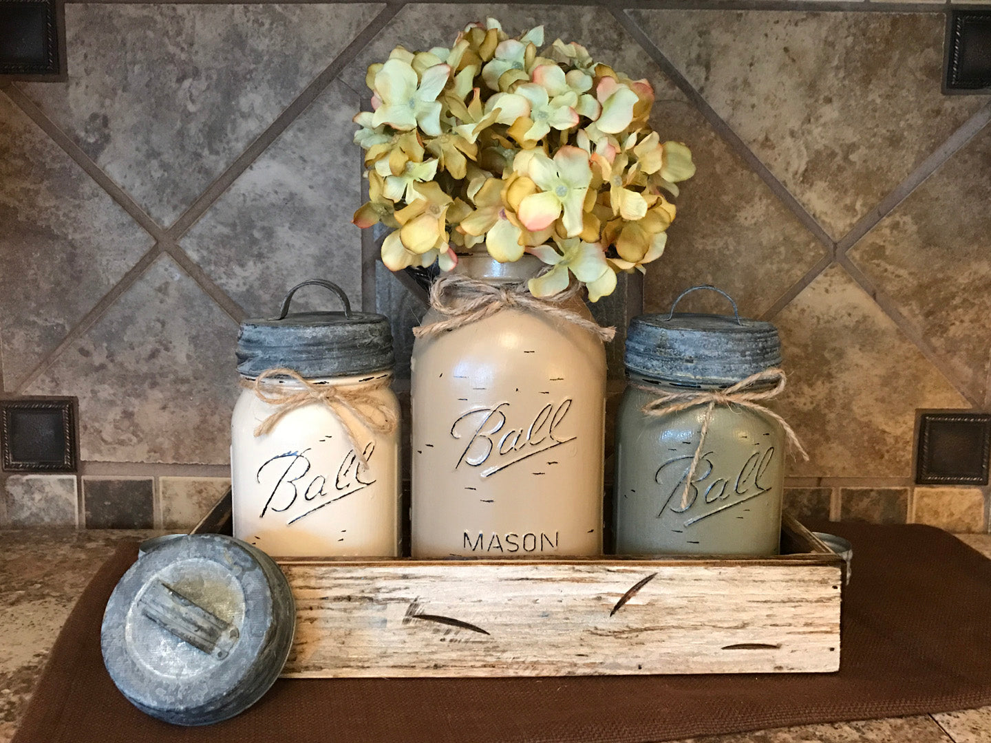 MASON Jar Kitchen CANISTER SET w/ metal lids, Utensil Holder, 2 Pint Jars +1 Quart +Optional Flower - Wooden Hearts Inc