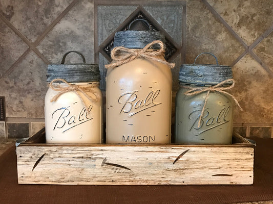 MASON Jar Kitchen CANISTER SET w/ metal lids, Utensil Holder, 2 Pint Jars +1 Quart +Optional Flower - Wooden Hearts Inc
