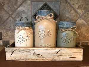 MASON Jar Kitchen CANISTER SET w/ metal lids, Utensil Holder, 2 Pint Jars +1 Quart +Optional Flower - Wooden Hearts Inc