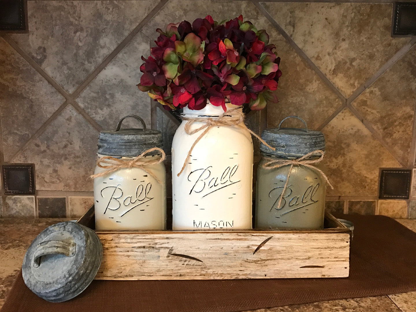 MASON Jar Kitchen CANISTER SET w/ metal lids, Utensil Holder, 2 Pint Jars +1 Quart +Optional Flower - Wooden Hearts Inc