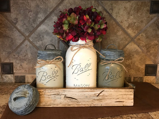 MASON Jar Kitchen CANISTER SET w/ metal lids, Utensil Holder, 2 Pint Jars +1 Quart +Optional Flower - Wooden Hearts Inc