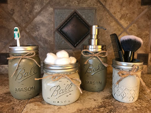 MASON Jar Bathroom 4 pc SET, Toothbrush Holder, Cotton Ball, Soap Pump, Quilted Cosmetic Jars - Wooden Hearts Inc