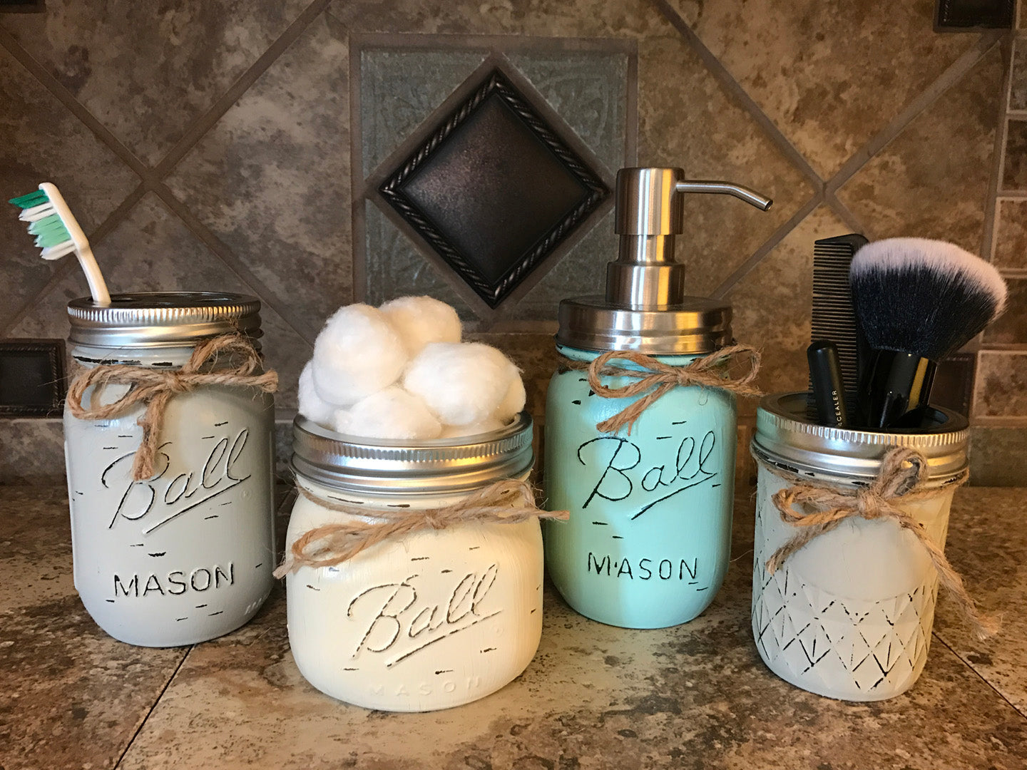 MASON Jar Bathroom 4 pc SET, Toothbrush Holder, Cotton Ball, Soap Pump, Quilted Cosmetic Jars - Wooden Hearts Inc