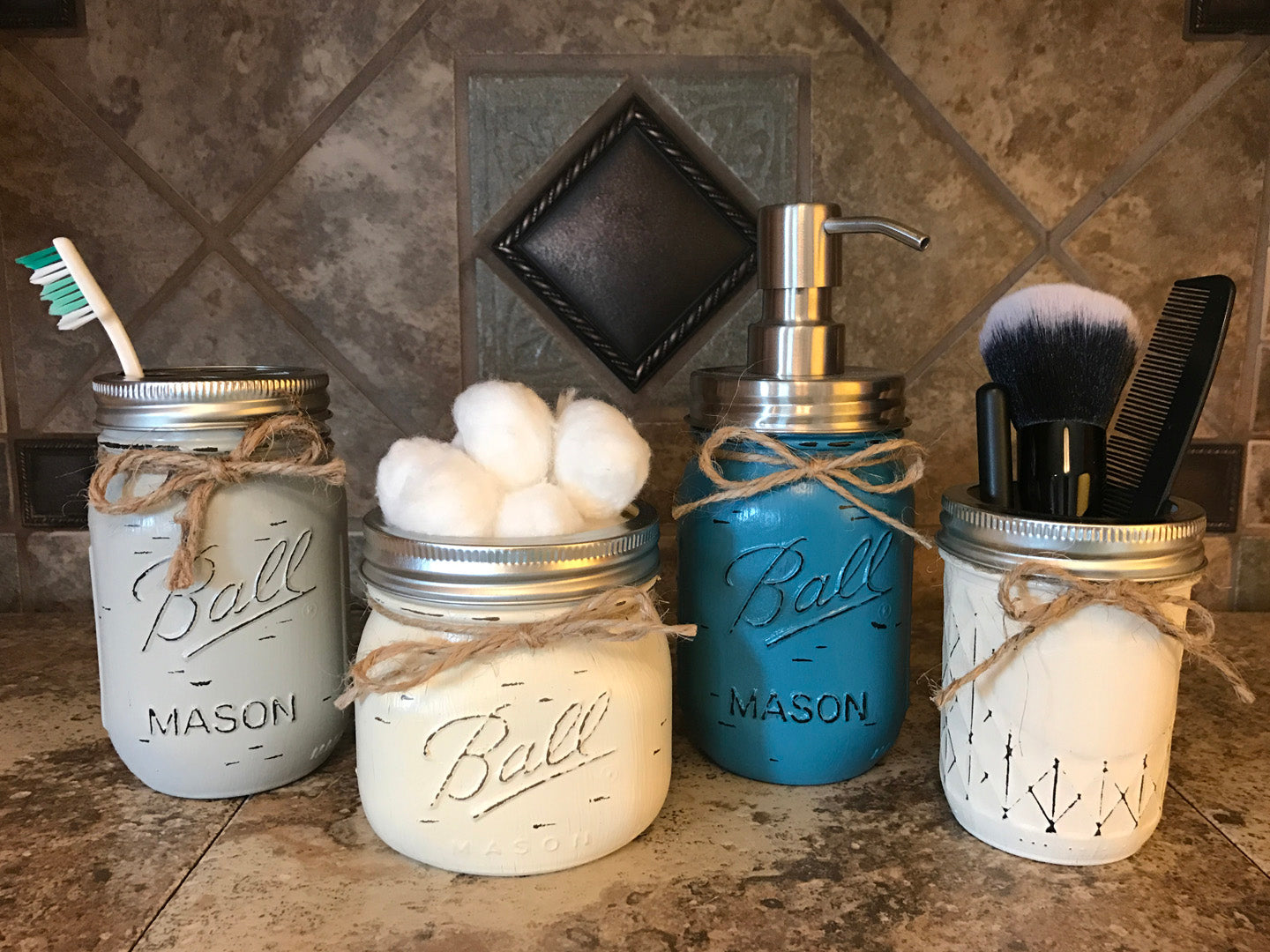 MASON Jar Bathroom 4 pc SET, Toothbrush Holder, Cotton Ball, Soap Pump, Quilted Cosmetic Jars - Wooden Hearts Inc