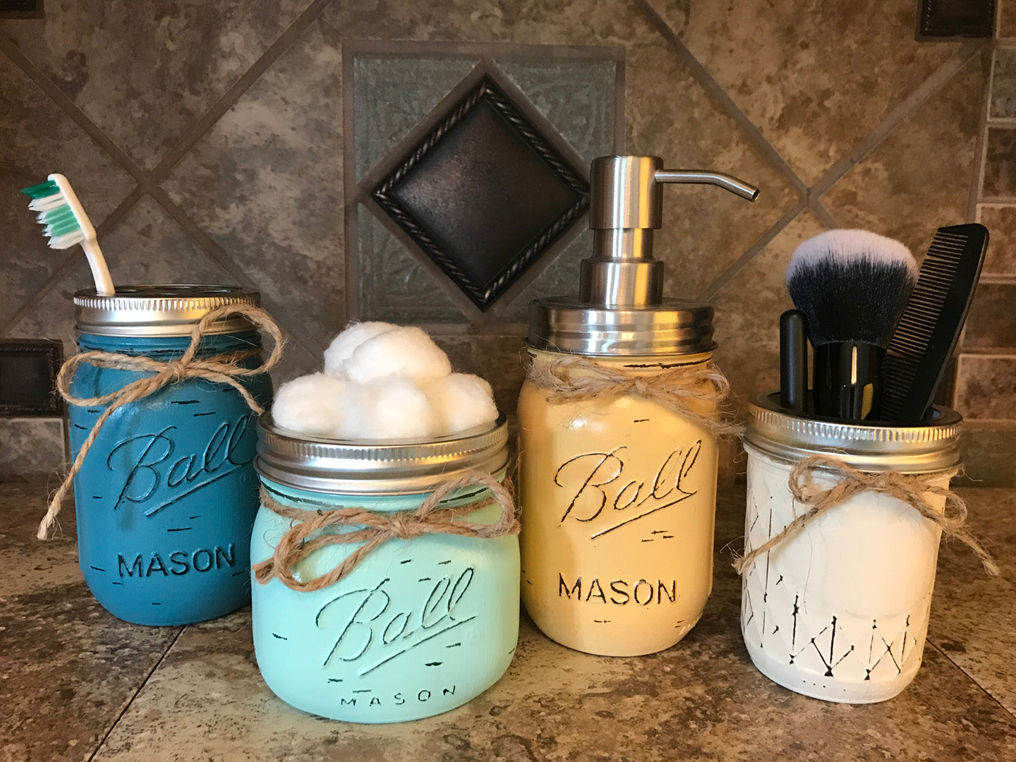 MASON Jar Bathroom 4 pc SET, Toothbrush Holder, Cotton Ball, Soap Pump, Quilted Cosmetic Jars - Wooden Hearts Inc