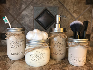 MASON Jar Bathroom 4 pc SET, Toothbrush Holder, Cotton Ball, Soap Pump, Quilted Cosmetic Jars - Wooden Hearts Inc