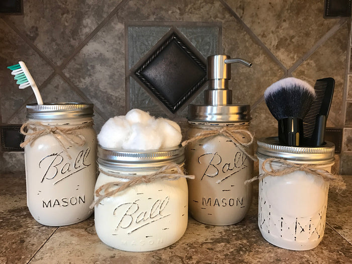 MASON Jar Bathroom 4 pc SET, Toothbrush Holder, Cotton Ball, Soap Pump, Quilted Cosmetic Jars