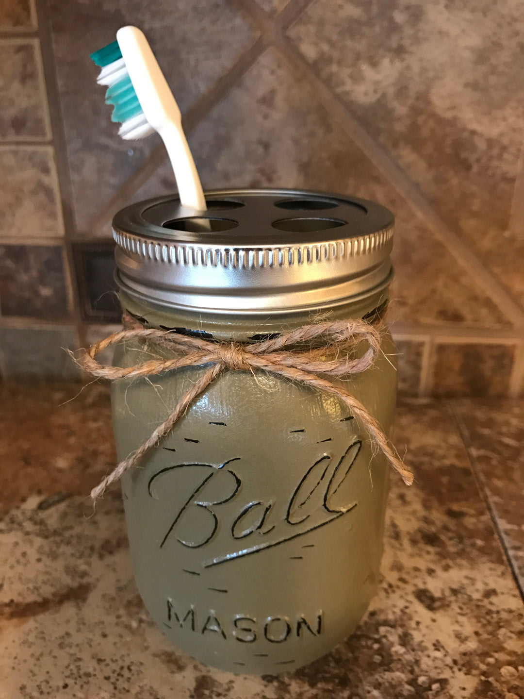 TOOTHBRUSH Holder MASON Jar Bathroom Decor Pint Ball Jars Stainless Steel Blue Yellow White - Wooden Hearts Inc