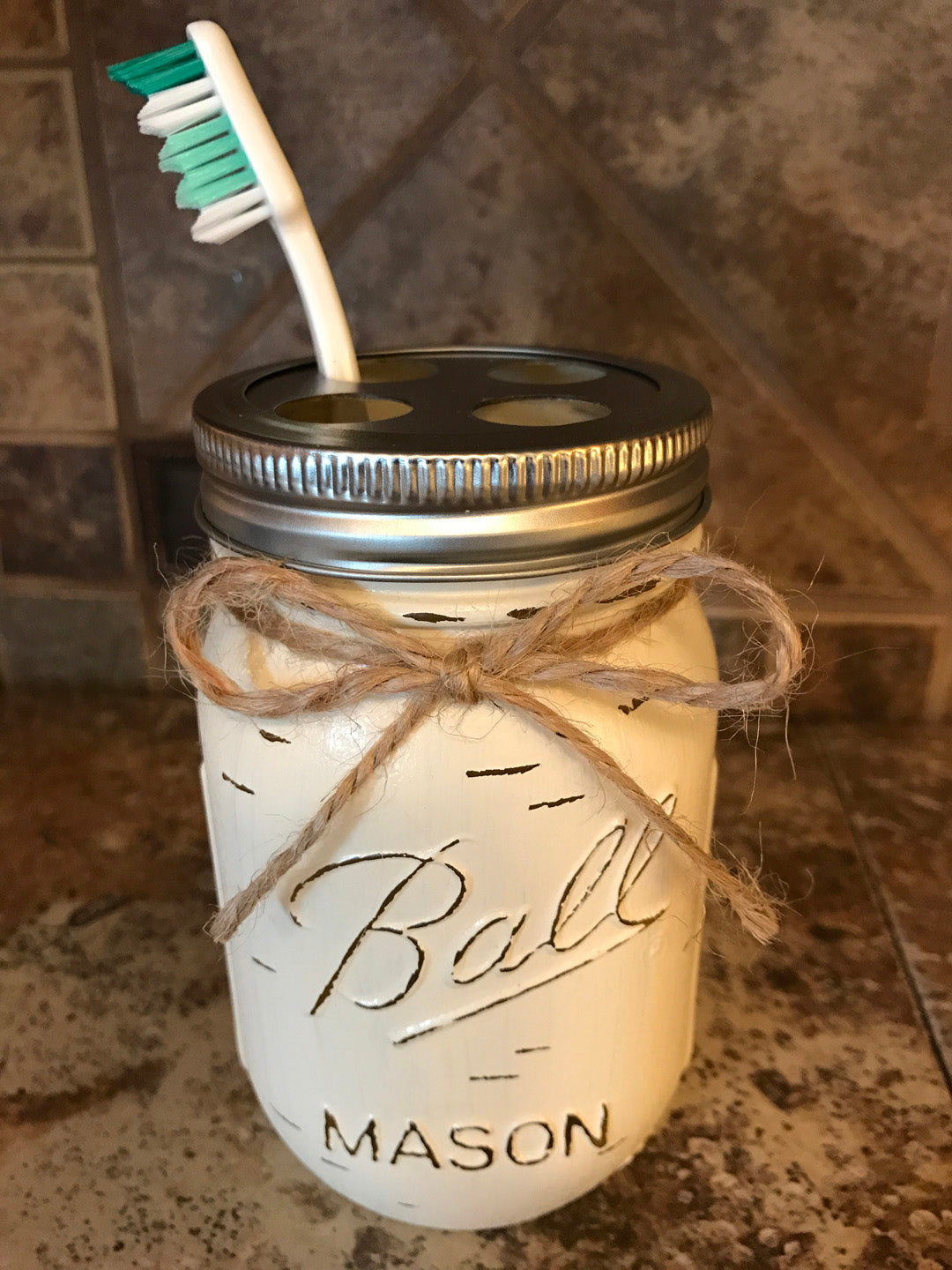 TOOTHBRUSH Holder MASON Jar Bathroom Decor Pint Ball Jars Stainless Steel Blue Yellow White - Wooden Hearts Inc