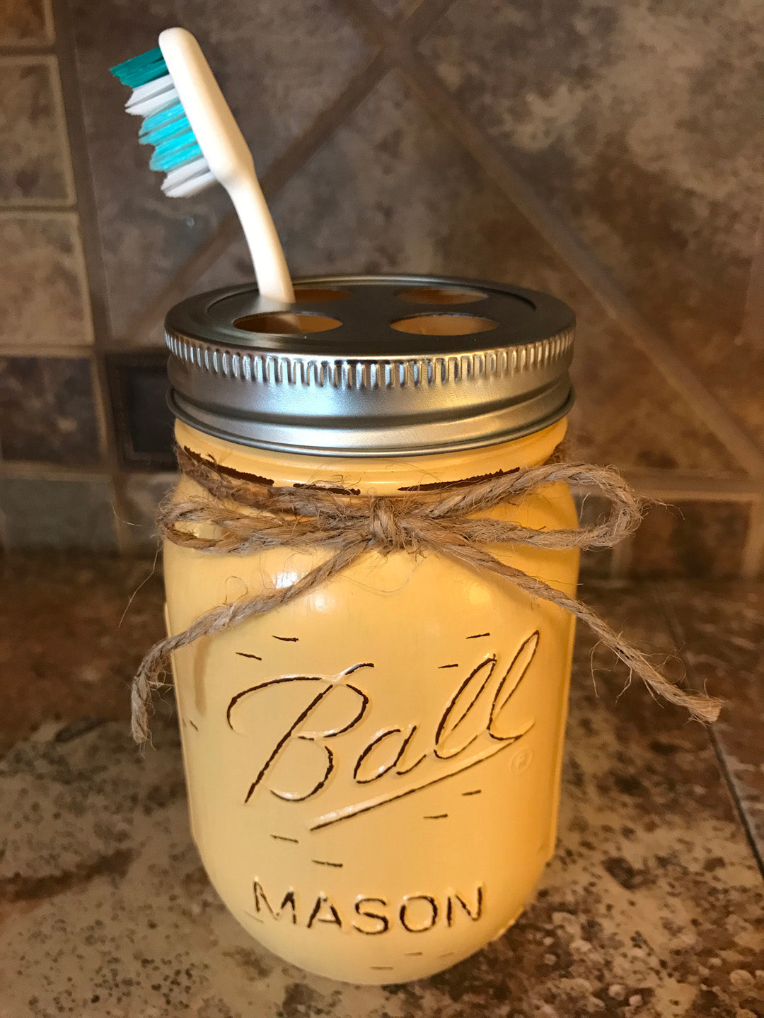 TOOTHBRUSH Holder MASON Jar Bathroom Decor Pint Ball Jars Stainless Steel Blue Yellow White - Wooden Hearts Inc