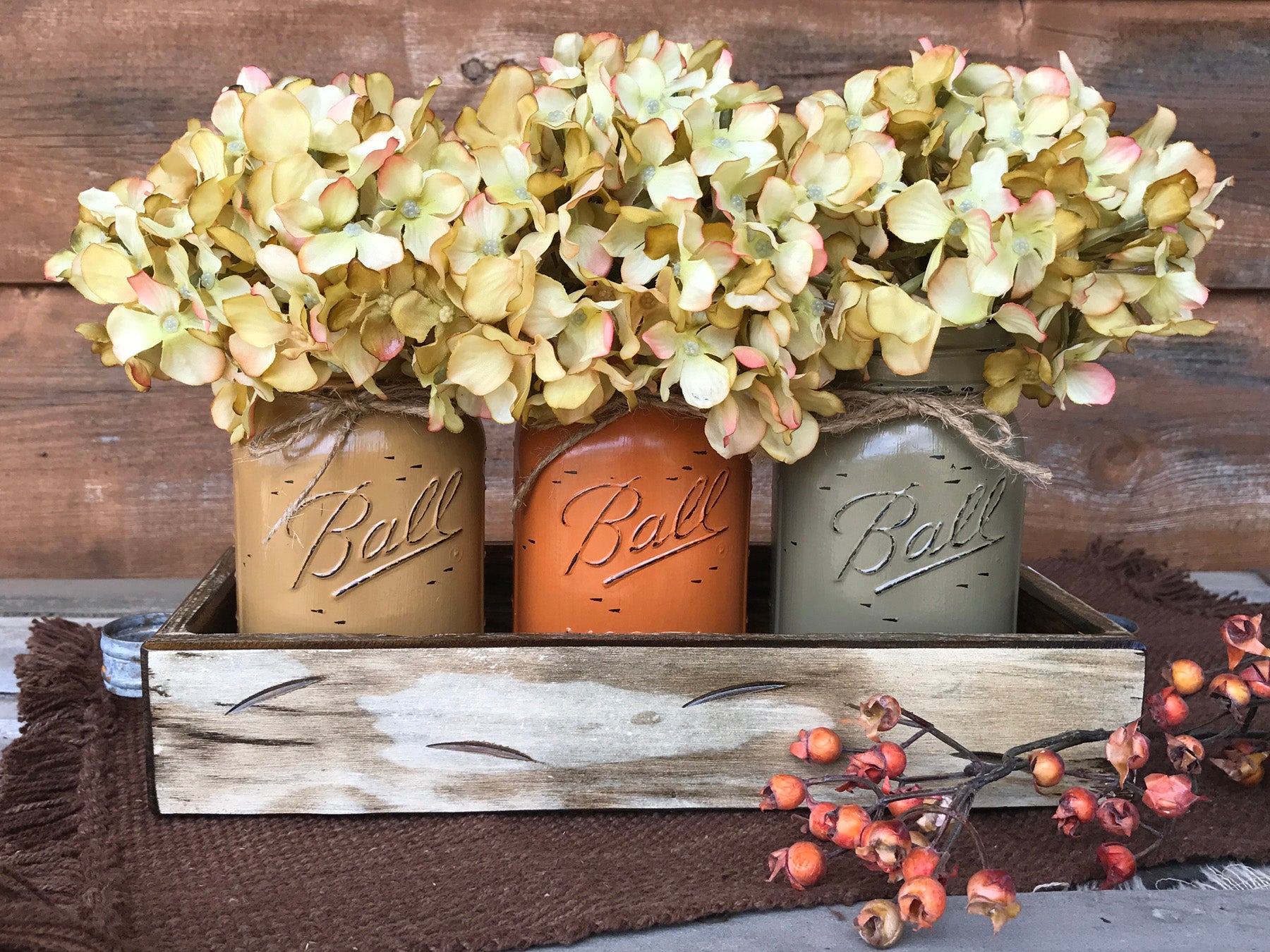 FALL MASON 3 Jars Wood Tray Decor for Thanksgiving Centerpiece (Flowers optional) Ball Pint - Wooden Hearts Inc