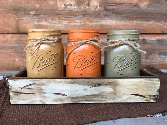 FALL MASON 3 Jars Wood Tray Decor for Thanksgiving Centerpiece (Flowers optional) Ball Pint - Wooden Hearts Inc