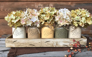 FALL MASON Jar Decor Thanksgiving Centerpiece (Flowers optional) - Wood TRAY + 5 Ball Pint Jars - Wooden Hearts Inc
