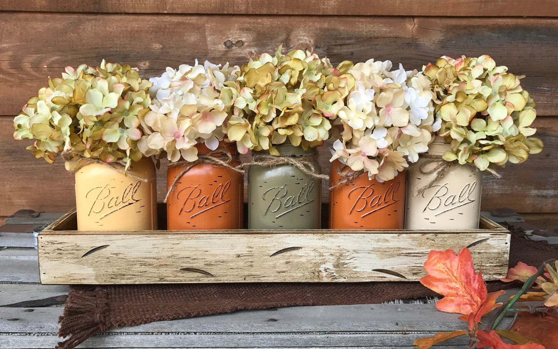 FALL MASON Jar Decor Thanksgiving Centerpiece (Flowers optional) - Wood TRAY + 5 Ball Pint Jars - Wooden Hearts Inc
