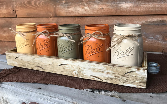FALL MASON Jar Decor Thanksgiving Centerpiece (Flowers optional) - Wood TRAY + 5 Ball Pint Jars - Wooden Hearts Inc