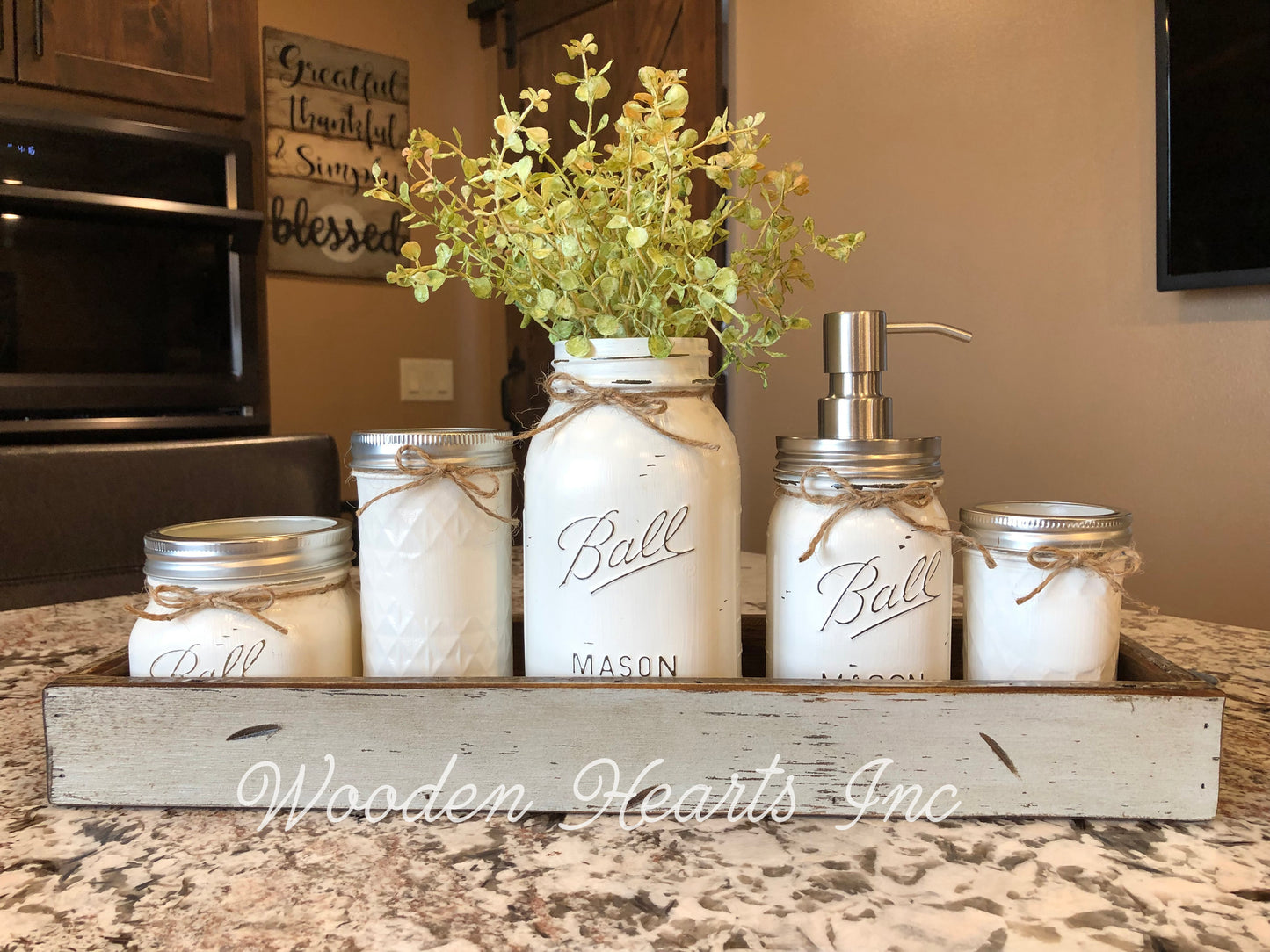 MASON Jar Bathroom Kitchen Tray Set, Cotton Ball Toothbrush Holder Quart Flower Vase Soap Pump Q-tip - Wooden Hearts Inc